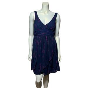 BCBG Generation Navy Purple Abstract Print V-Neck Dress, Size 10
